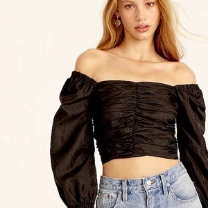 J.CREW Ruched Puff-Sleeve Cropped Top NWT Size 10 Black